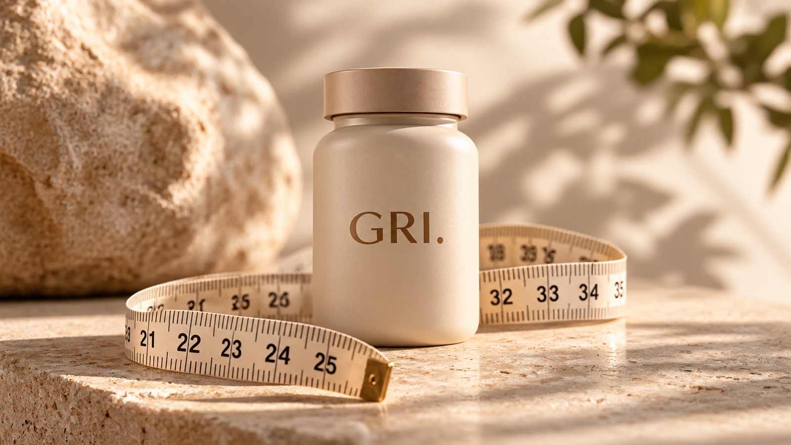 A cream GRI. jar on stone with a fabric tape measure curled around it, beside a large rock and olive leaves.