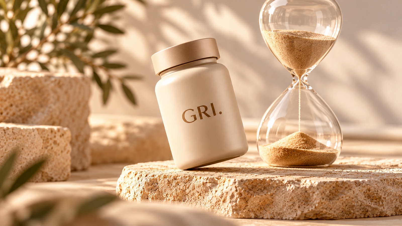 A cream GRI. jar on a stone block beside an hourglass with sand slowly falling, in warm sunlight.