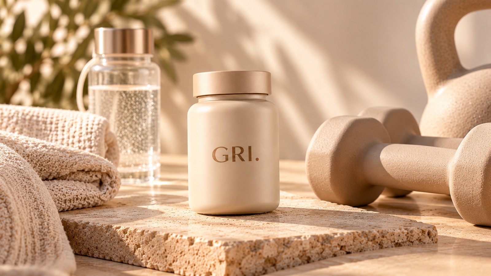 A cream GRI. jar on a stone slab between a folded towel, a water bottle and sand-coloured dumbbells and kettlebell.