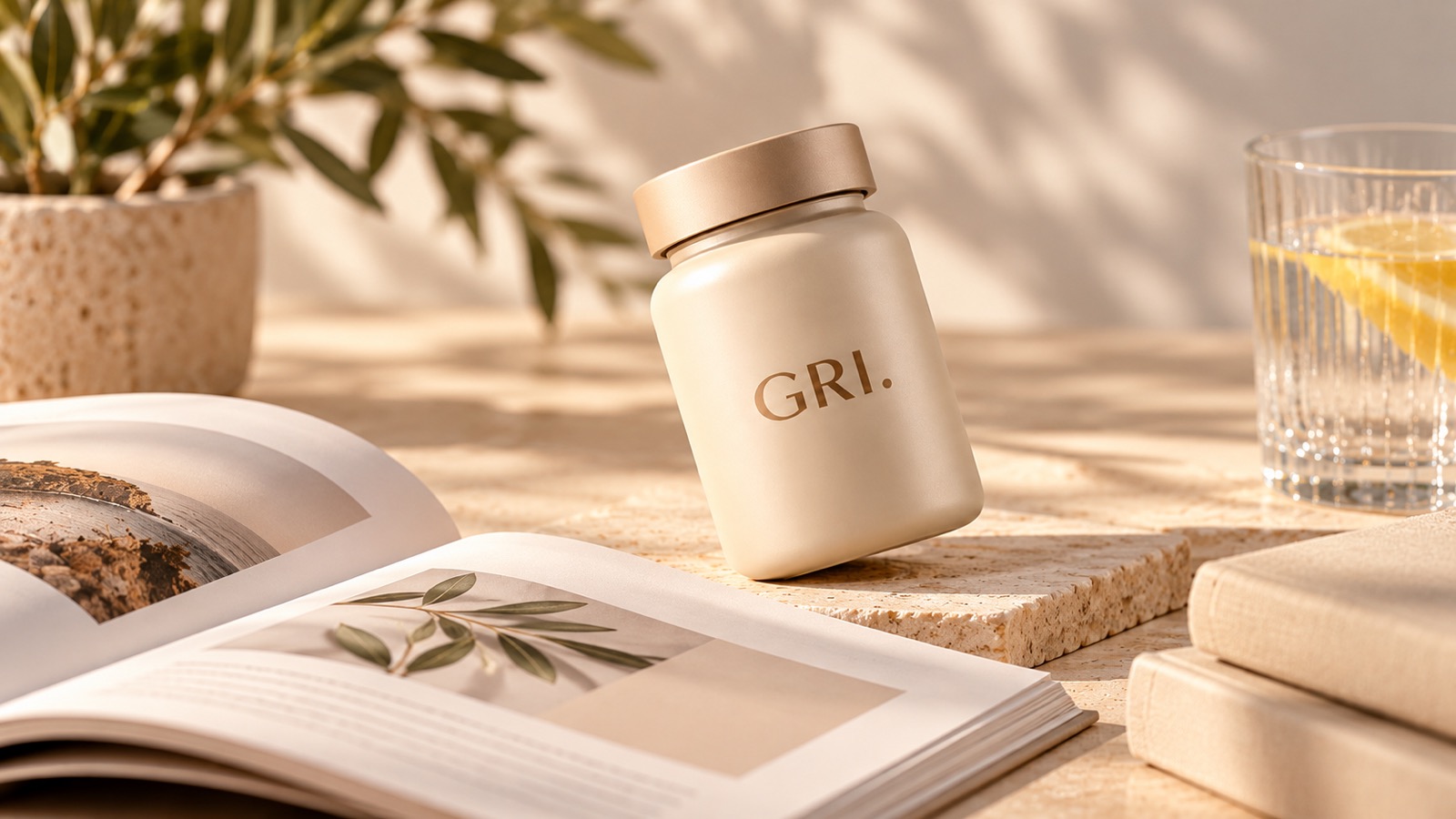 An open book with plant photography beside a cream GRI. jar, a stack of books and a glass of lemon water in soft sunlight.