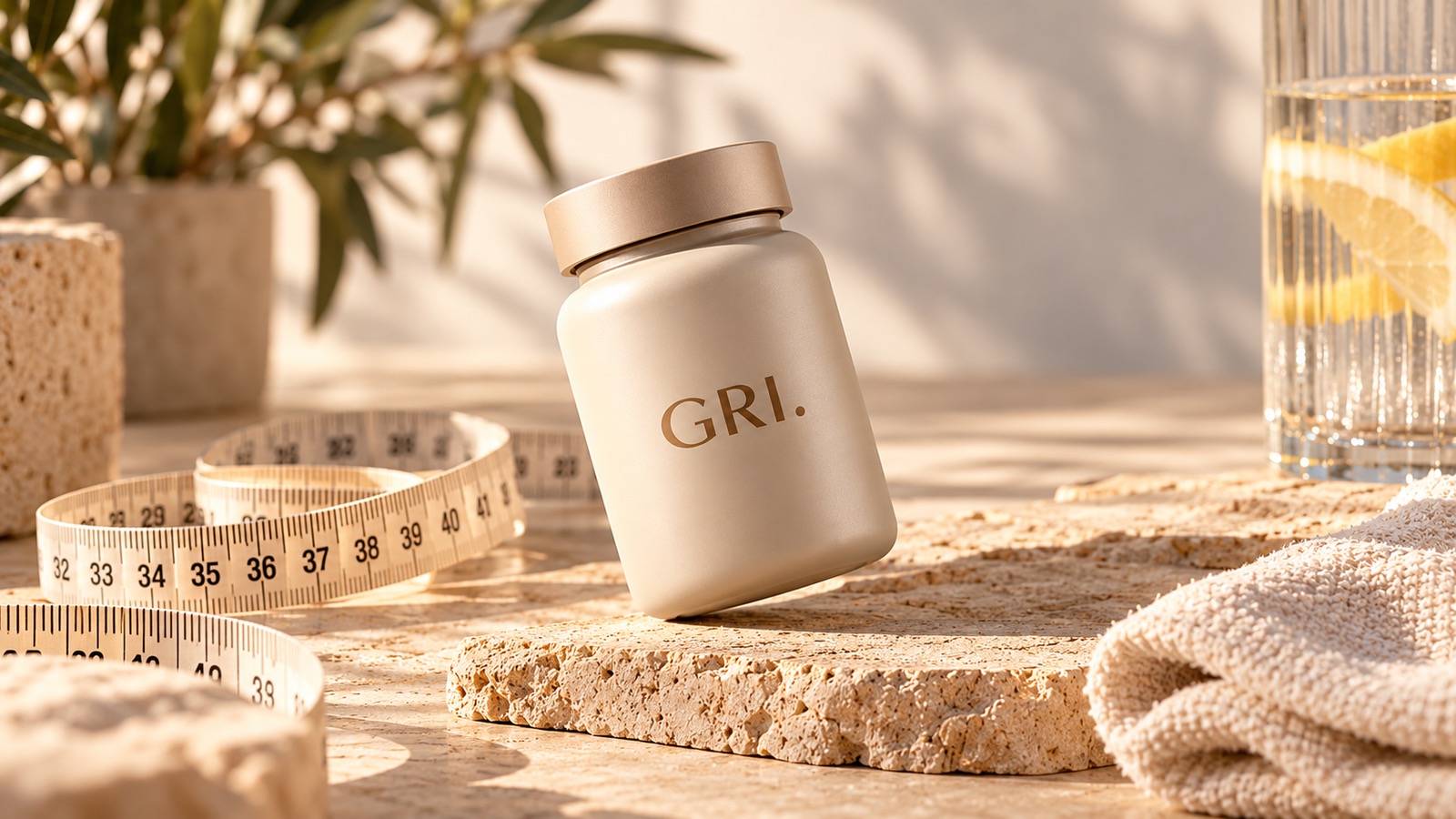 A cream GRI. jar on a travertine block with a fabric tape measure, a folded towel and a glass of lemon water in warm sunlight.